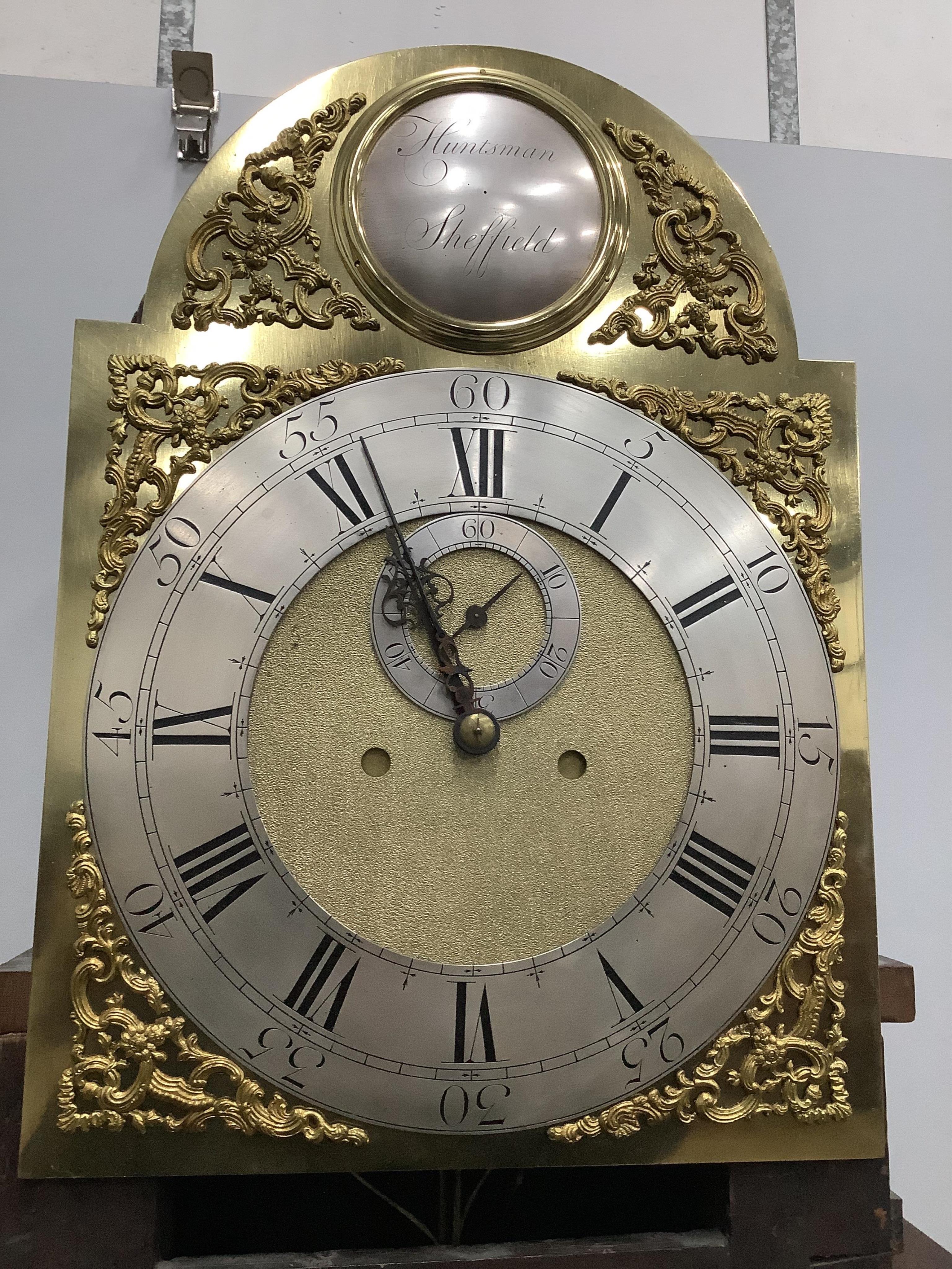 A George III mahogany eight day longcase clock, by Huntsman, Sheffield, height 226cm. Condition - good but lacks glazed door